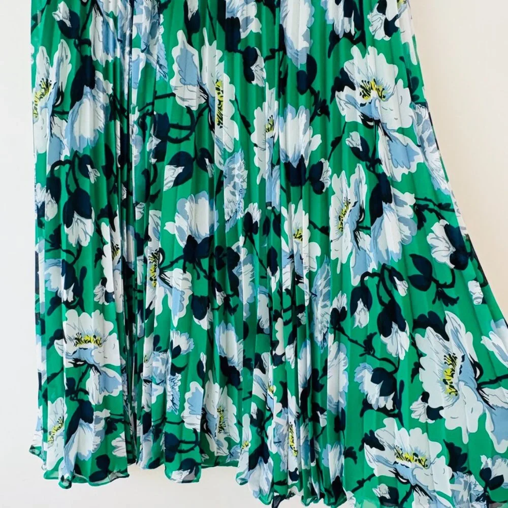 Anthropologie Maeve Floral Green Pleated Midi‎ Skirt Size X-Small
